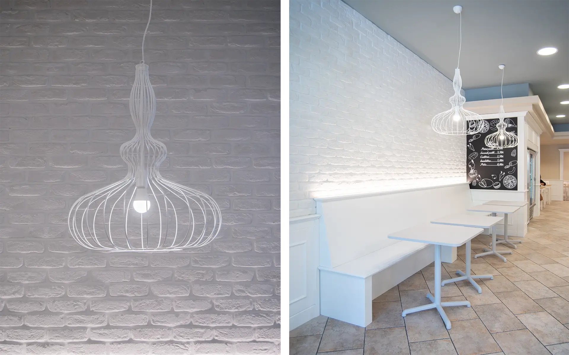 Parete in Mattone Bianco Primiceri e lampada sospesa negli interni di Bakery House